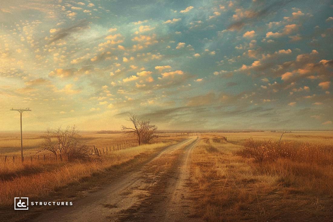 A dirt road stretches through a vast, golden field under a sky with scattered, fluffy clouds illuminated by the warm hues of sunrise or sunset. A lone telephone pole and leafless trees stand along the road near rustic apartment barn kits. The scene exudes peacefulness and solitude.