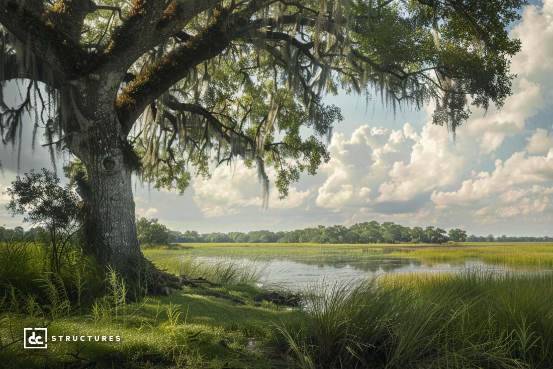 A serene landscape featuring a large, moss-covered oak tree on the left, leaning over a calm body of water. The scene is framed with tall grasses, and the background shows a distant tree line under a partly cloudy sky. The DC Structures logo in the bottom left subtly hints at their renowned apartment barn kits.