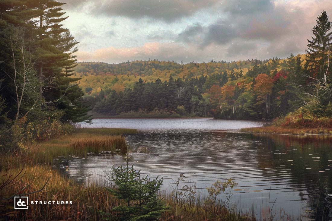 A serene lake is surrounded by trees with autumn foliage. The sky is overcast, reflecting soft clouds on the water. A mix of evergreens and orange-red deciduous trees line the shore, creating a picturesque landscape. An advertisement for apartment barn kits and a logo in the bottom left corner read "DC Structures.