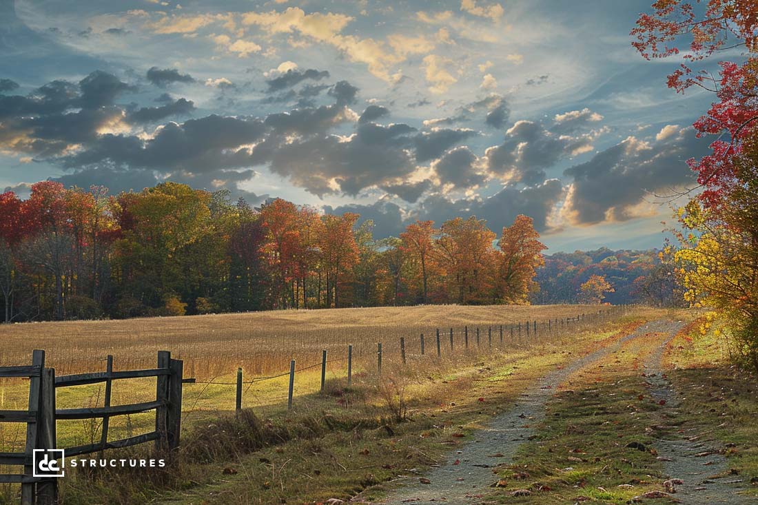 A picturesque countryside scene featuring a dirt path leading through a golden field flanked by a wooden fence. Autumnal trees with vibrant red, orange, and yellow foliage line the horizon. An old barn adds rustic charm to the view, while dramatic clouds are illuminated by the setting sun.