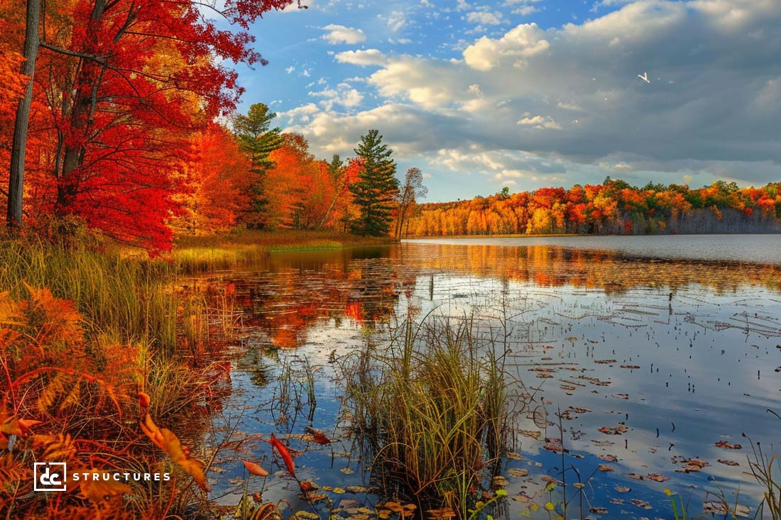 A serene lakeside scene features vibrant autumn foliage in shades of red, orange, and yellow reflecting on the calm water. Tall trees and grassy plants line the shore under a partly cloudy sky. A lone bird soars in the distance, while nearby apartment barn kits blend seamlessly into the rustic landscape.