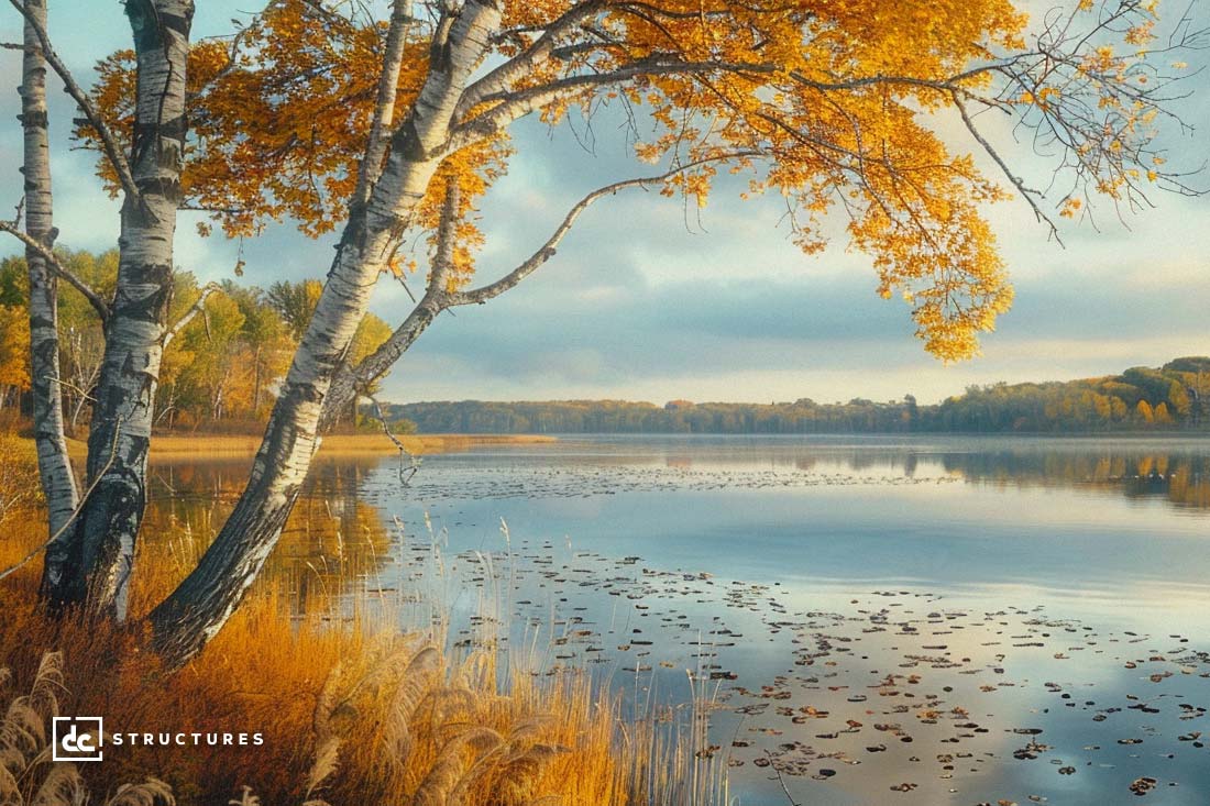 A serene lakeside scene in autumn, with birch trees in the foreground displaying golden leaves. The calm water reflects the vibrant fall foliage and a cloudy sky. Grasses and lily pads line the shore, enhancing the peaceful atmosphere. A "dc Structures" logo featuring apartment barn kits is in the corner.