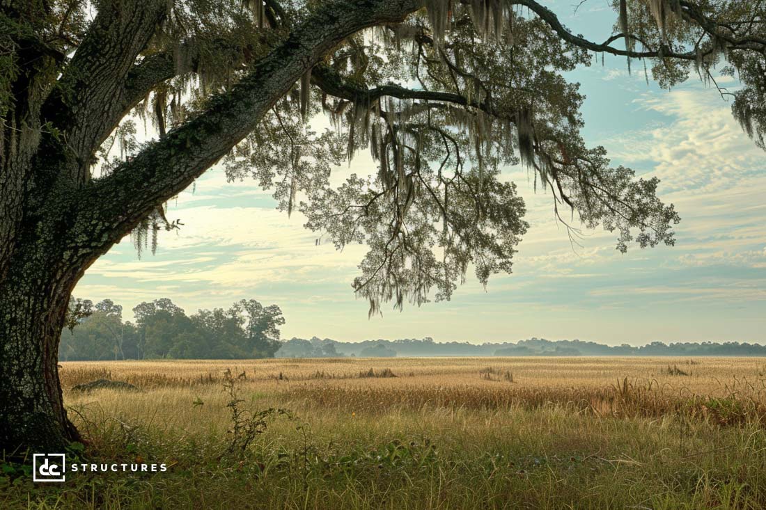 A serene landscape showcasing a vast golden field under a light blue sky with wispy clouds. In the foreground, a large oak tree with hanging moss branches out over the field. The DC Structures logo, known for its apartment barn kits, is visible in the bottom left corner.