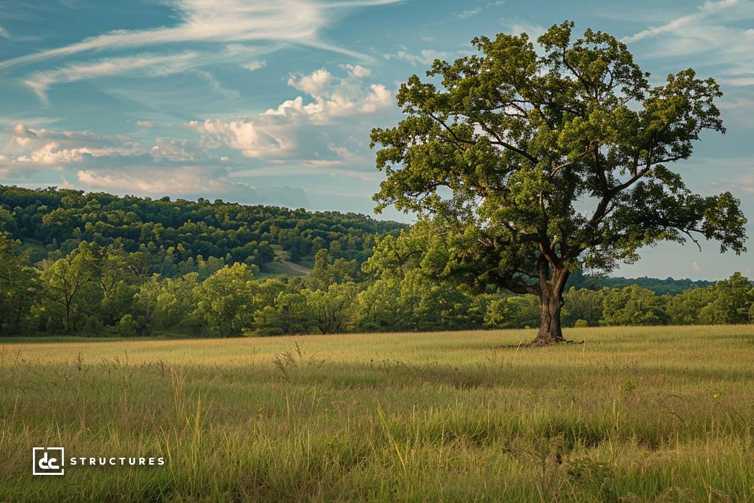 A solitary tree stands in an open field of grass, with a backdrop of rolling hills covered in dense, lush greenery. High, wispy clouds stretch across the blue sky. The scene exudes tranquility and natural beauty, reminiscent of living where apartment barn kits blend seamlessly into the landscape. The image has a small logo in the bottom left corner.