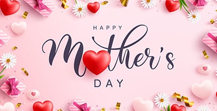 Pink background with the text "Happy Mother's Day" in elegant script. Surrounding the text are red and pink heart shapes, white daisies, small wrapped gifts with bows, and golden ribbons, creating a festive and celebratory atmosphere reminiscent of charming apartment barn kits.