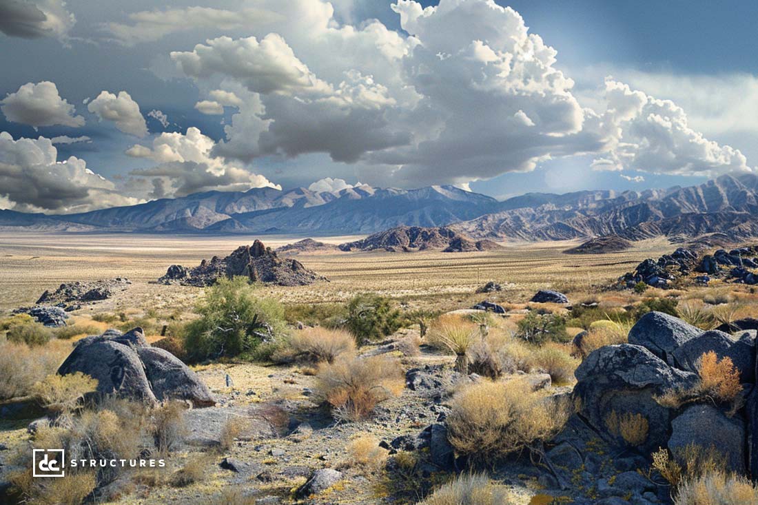 A vast desert landscape stretches towards distant mountain ranges under a sky filled with dramatic clouds. The terrain is dotted with scattered rocks, sparse desert vegetation, and patches of dry grass. Among this serene and expansive scene, one might imagine assembling apartment barn kits for a rustic retreat.