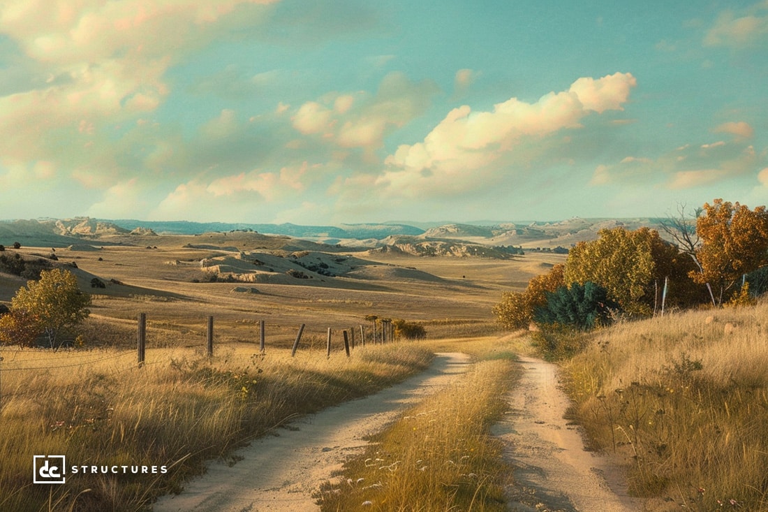 A dirt road winds through a scenic, open landscape with golden fields, a few bushes, and scattered trees. Wooden fences line part of the road. Rolling hills and distant mountains under a partly cloudy sky provide a picturesque backdrop, reminiscent of where apartment barn kits could find their perfect setting.