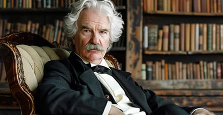 An elderly man with white hair and a mustache, wearing a formal suit, sits in an ornate chair in front of a bookshelf filled with books, his expression contemplative and stern. The setting appears to be a library or study within a spacious apartment.