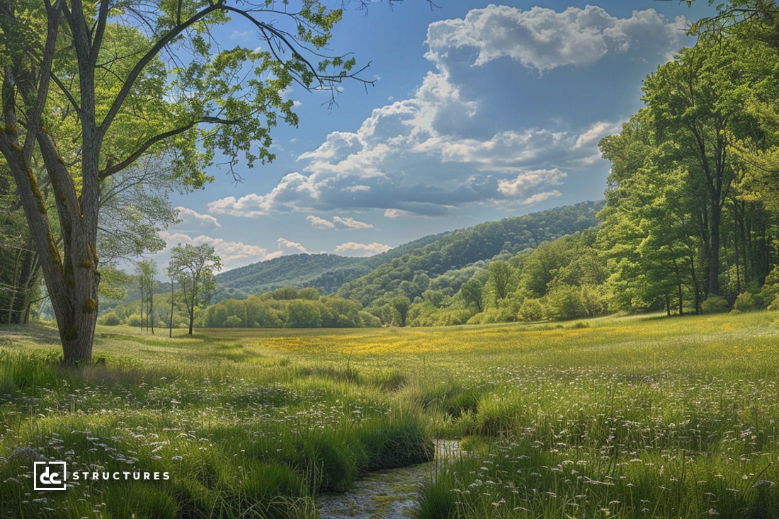 A serene landscape showcasing a lush, green meadow with wildflowers and a gentle stream running through it. Trees surround the area, and rolling hills are visible in the background under a partly cloudy sky. The DC Structures logo is in the lower-left corner, highlighting their apartment barn kits.