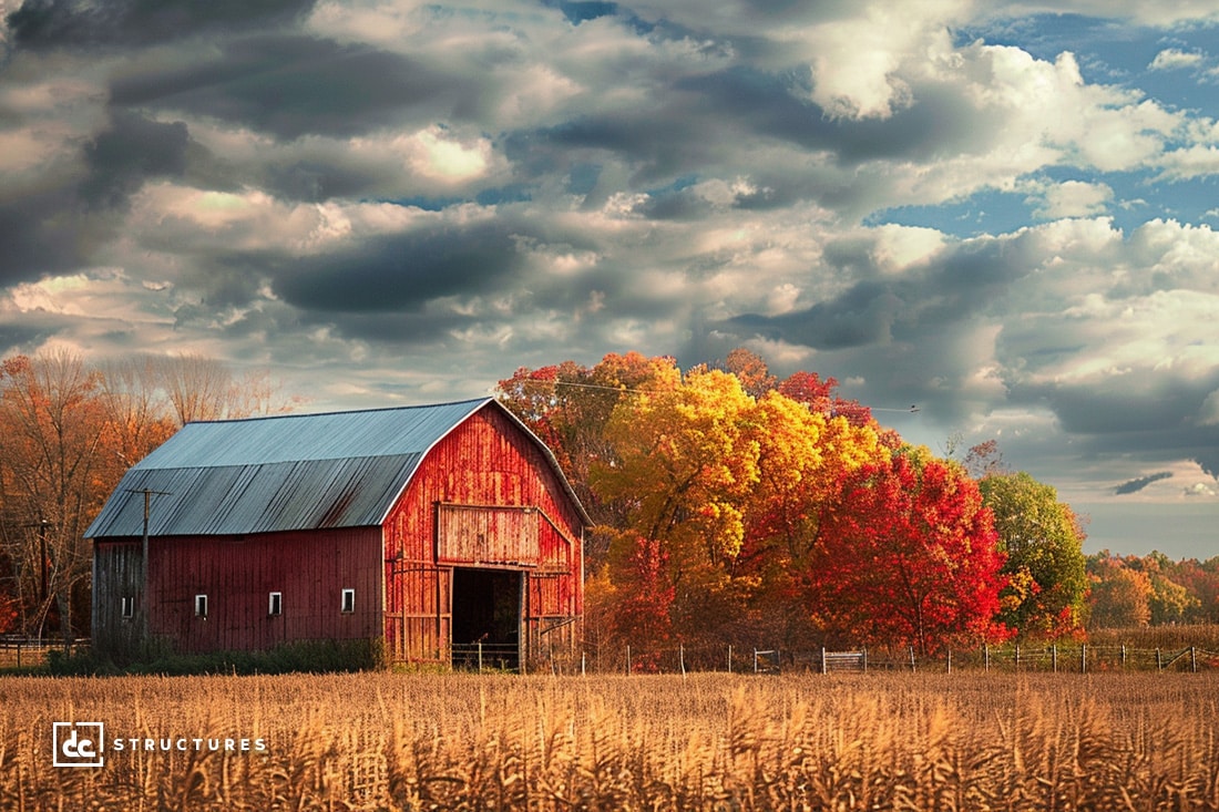 A picturesque red barn, possibly crafted from charming apartment barn kits, stands in an open field with tall, golden grasses under a dramatic, cloudy sky. Behind the barn is a cluster of trees showcasing vibrant fall foliage in shades of yellow, orange, and red. A fence runs parallel to the barn.