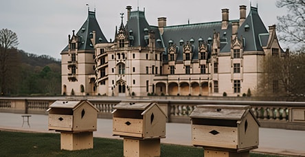 A grand, historic castle with intricate design and several pointed roofs stands in the background. In the foreground, there are three wooden birdhouses placed on stands, resembling cozy barn kits. The scene is outdoors with a grassy area and some trees visible.