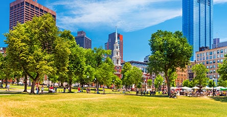 A vibrant city park on a sunny day with green grass and scattered trees. Surrounding the park are tall modern buildings and historic brick structures, some converted into trendy apartment barn kits. People can be seen walking, sitting, and enjoying the outdoors. The sky is clear and blue.