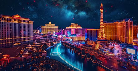 A vibrant nighttime view of the Las Vegas Strip, featuring brightly lit hotels, casinoes, and an Eiffel Tower replica. Neon lights and signs illuminate the scene like glowing apartment barn kits against a starry night sky, adding to the city's lively atmosphere.