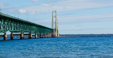 A green suspension bridge with tall vertical towers spans across a large body of blue water under a partly cloudy sky, connecting to a distant shoreline where modern apartment buildings and rustic barn kits dot the landscape.