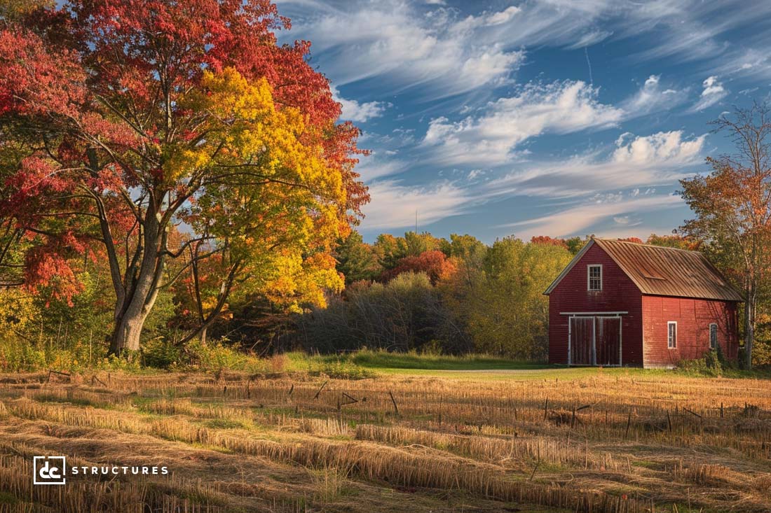 A red barn, reminiscent of apartment barn kits, stands beside a large tree with vibrant autumn foliage of red, yellow, and orange. The scene features a clear blue sky with wispy clouds and a harvested field in the foreground. A dense forest with colorful trees is visible in the background.