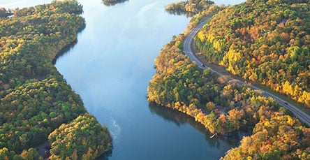 Aerial view of a serene river curving through a lush forest with vibrant autumn foliage. A road winds along the river on the right, surrounded by dense trees. Nearby, apartment barn kits peek through the canopy, blending seamlessly into the picturesque, tranquil landscape, reflecting nature's colors.