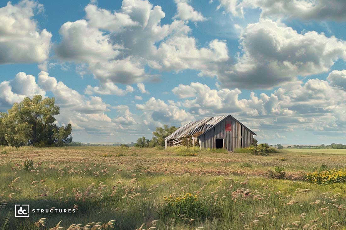 A weathered wooden barn sits in an open field of tall grass and wildflowers under a partly cloudy sky. The barn, reminiscent of apartment barn kits, shows signs of wear with peeling paint and overgrown vegetation. A cluster of trees is seen in the background, completing the serene, rural scenery.