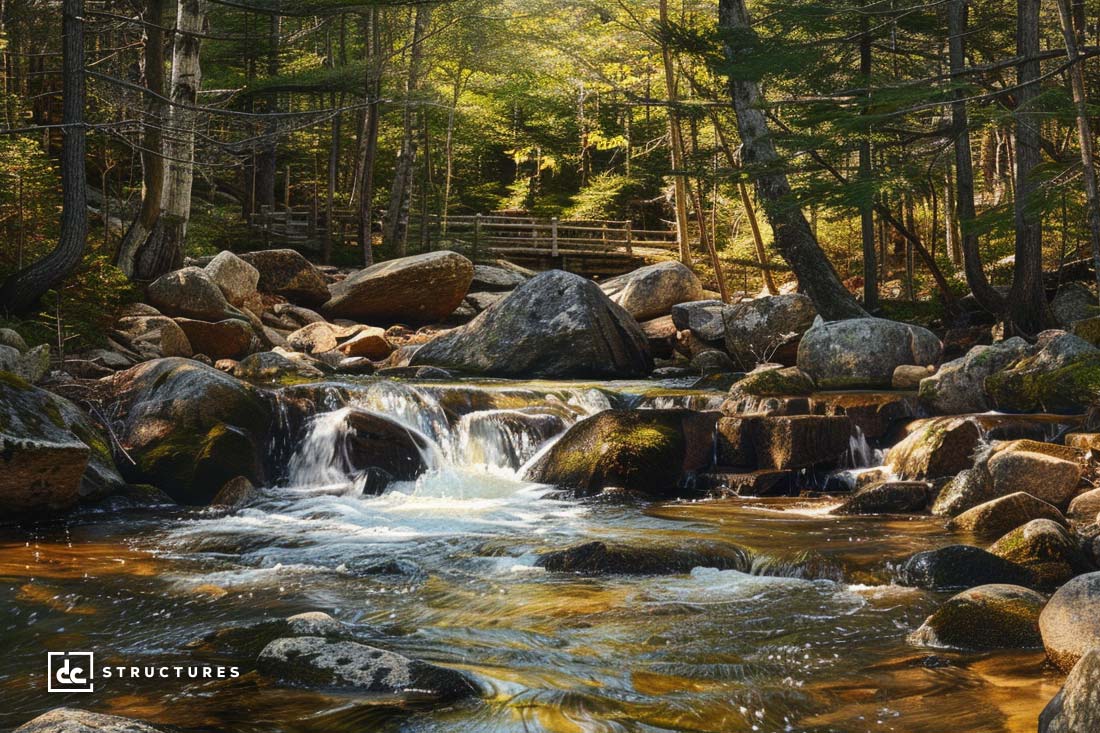 A serene forest stream flows gently over rocks, creating small waterfalls. The water is clear and the surrounding lush greenery is illuminated by sunlight filtering through the trees. A wooden footbridge is visible in the background, blending into the natural scenery like apartment barn kits harmonizing with nature.