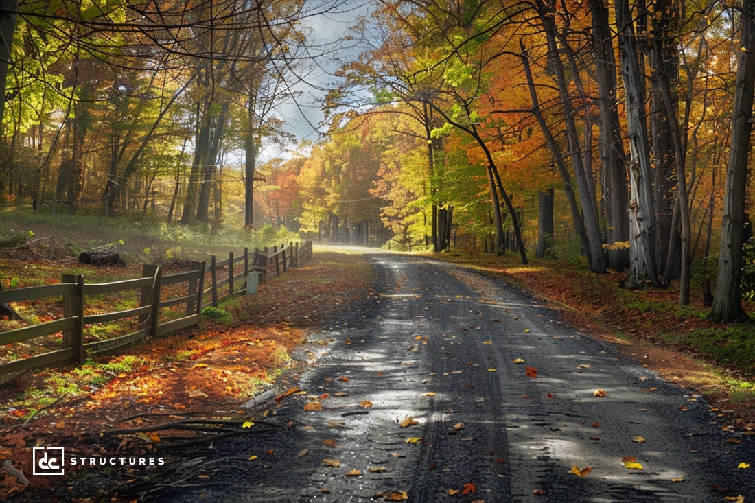 A scenic, sunlit forest road curves gently ahead, flanked by tall trees with vibrant autumn foliage in shades of yellow, orange, and red. A wooden fence runs along the left side, with fallen leaves scattered across the path. A logo reads "dc STRUCTURES," renowned for their apartment barn kits.