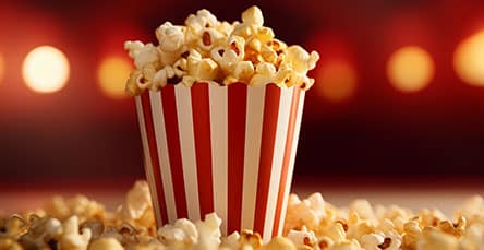 A red and white striped container is filled with popcorn, surrounded by scattered popcorn pieces. The background, reminiscent of cozy apartment barn kits, is warmly lit with blurry, round, yellow-orange lights that evoke an inviting atmosphere.