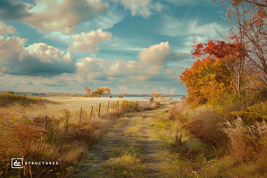 A scenic country path winds through a field of tall grasses under a partly cloudy sky. Vibrant autumn foliage, with shades of red and orange, decorates trees along the right side. A wooden fence runs parallel to the path, while an old apartment barn kit adds rustic charm, and a single bird soars in the distance.