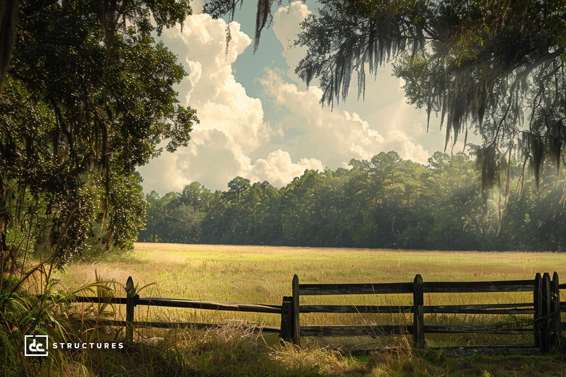 A serene countryside scene with a wooden fence in the foreground, leading to an open grassy field. Tall trees with hanging moss frame the image on both sides, under a sky filled with fluffy white clouds. Text in the bottom left corner reads "dc STRUCTURES - specializing in apartment barn kits.