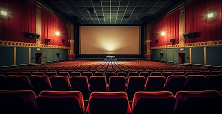 An empty movie theater with red seats, ornate red curtains, and an illuminated screen in the center. The theater's classic design has intricate detailing on the walls and ceiling, reminiscent of a cozy apartment barn kits aesthetic. The dim lighting creates an inviting atmosphere.