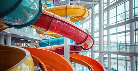 A vibrant indoor water park features a complex network of intertwined, colorful water slides with hues of orange, yellow, red, and blue. The background showcases the glass walls of the building, allowing natural light to fill the space, resembling modern apartment barn kits in design.