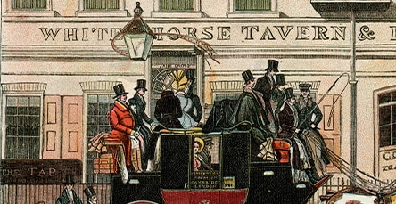 A vintage illustration of a horse-drawn carriage filled with passengers, dressed in old-fashioned attire, stopping in front of the White Horse Tavern. The scene, illuminated by lanterns and nearby pedestrians, reflects a historical street view that transitions into modern apartment barn kits today.