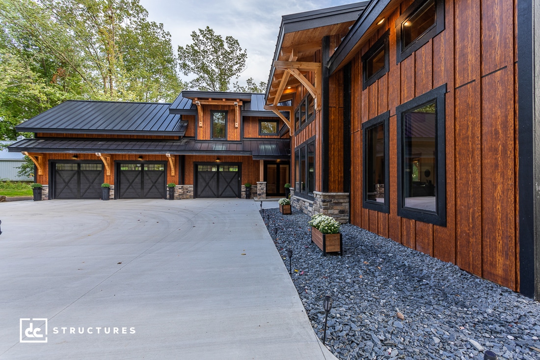 An exterior shot of a timber frame home in Michigan