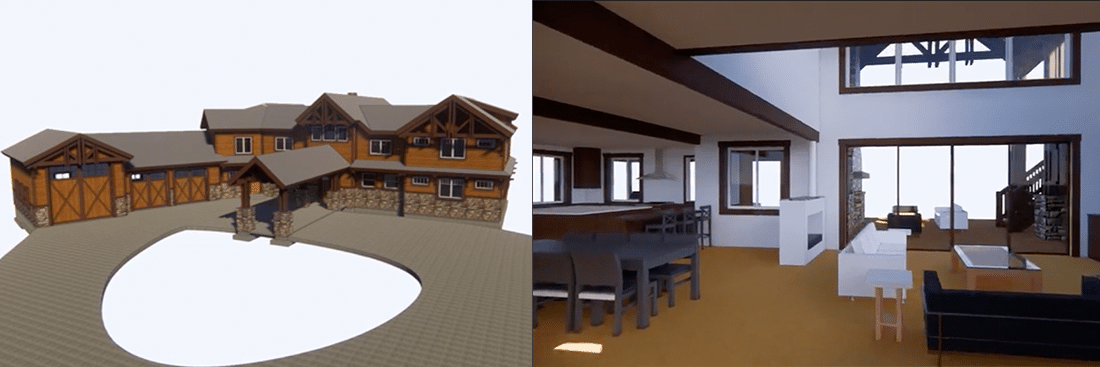 Split image showing a 3D architectural rendering. Left: exterior view of a rustic wooden and stone house with a circular driveway. Right: interior view of a spacious open-plan living area with a high ceiling, large windows, and modern furnishings.