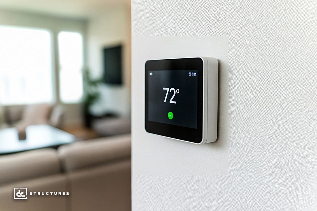 A smart thermostat mounted on a wall displays the temperature as 72 degrees. In the background, a blurred living room with a couch and a window can be seen, suggestive of a modern home interior.