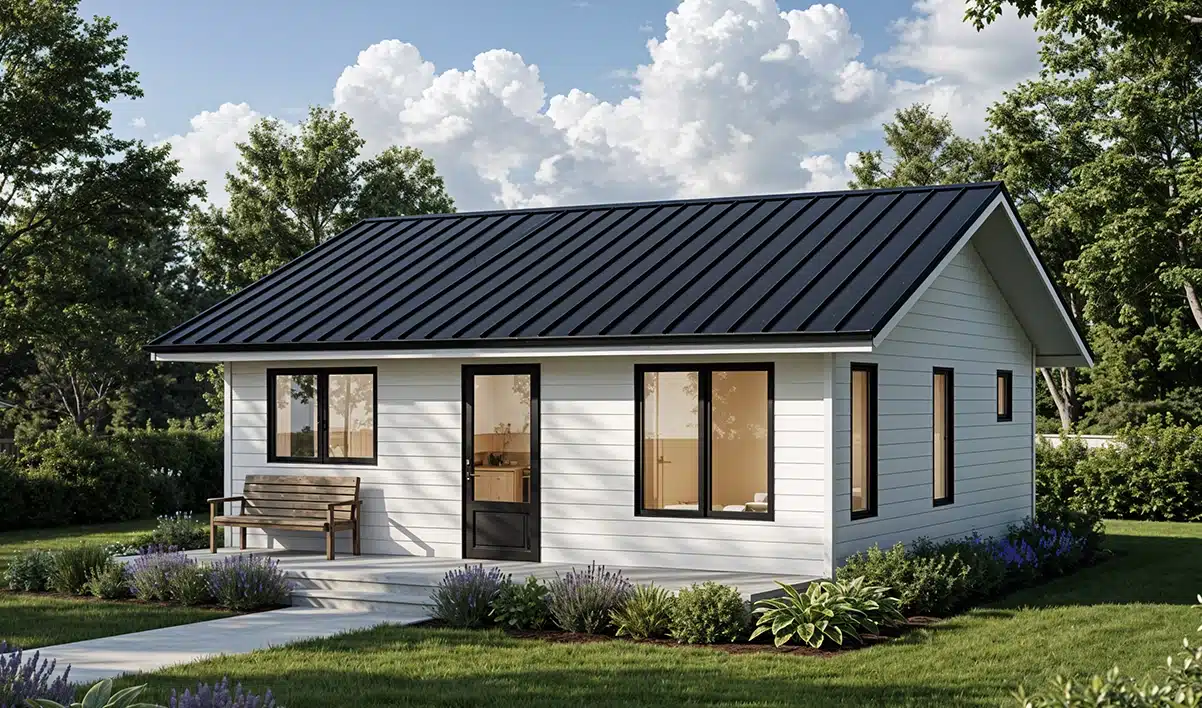 A small modern white house with a black metal roof sits in a landscaped yard with green grass, lavender bushes, and trees.