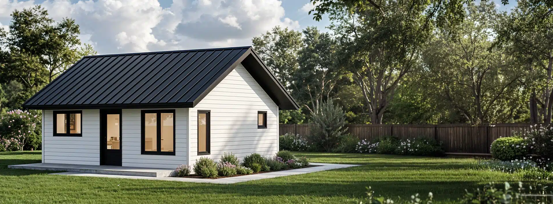 A small modern white house with a dark metal roof sits in a lush green yard with flowers and bushes, surrounded by trees and a wooden fence under a partly cloudy sky.