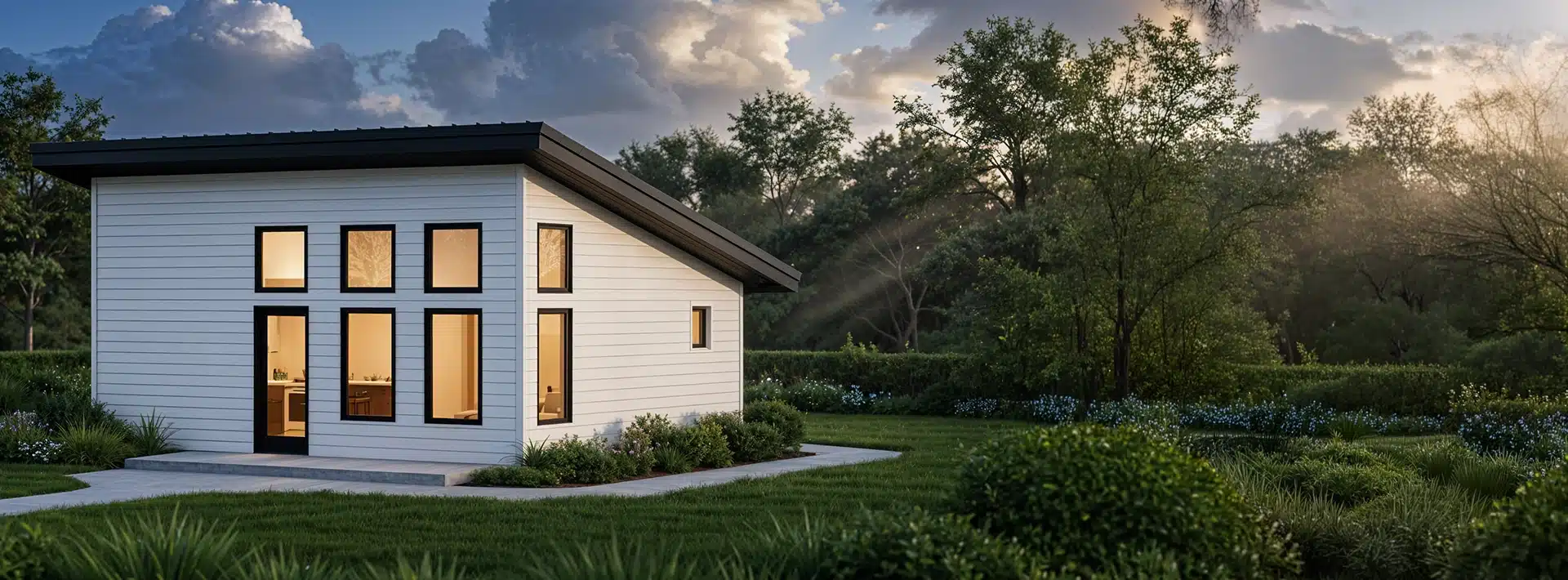 A modern small white house with a slanted black roof and tall windows sits in a lush green yard under a partly cloudy sky.