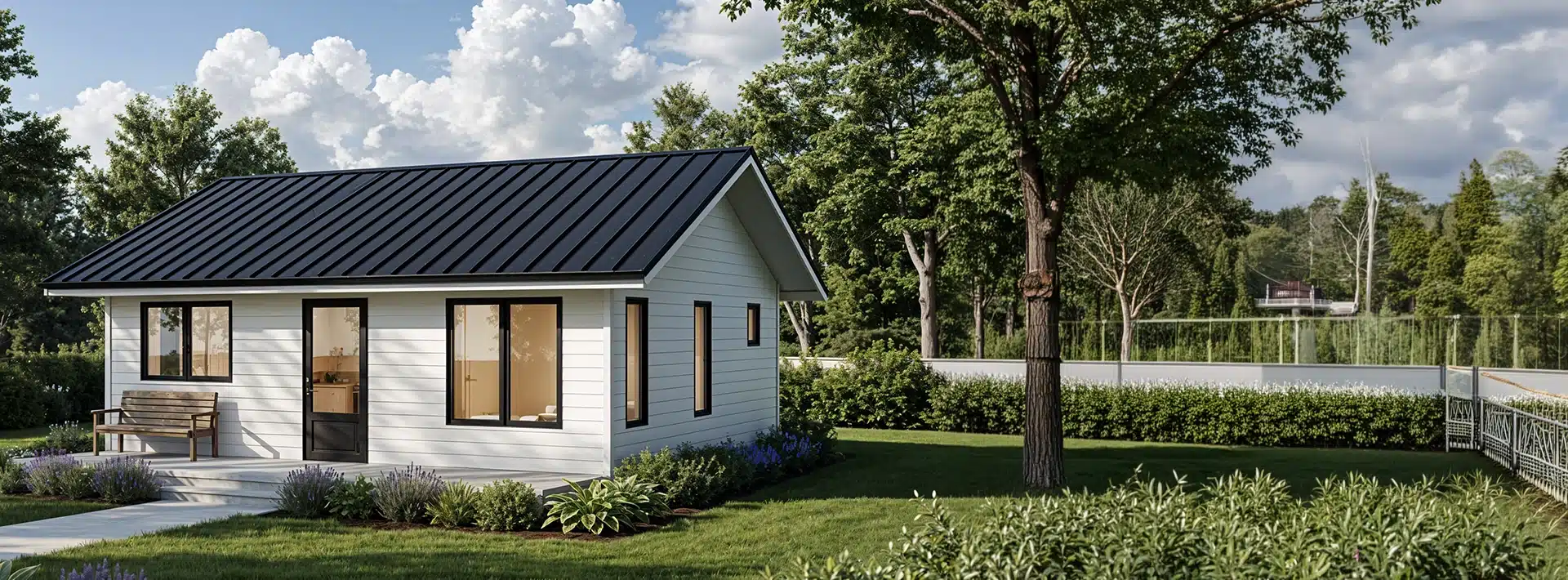 A small white house with a black roof sits by a green lawn and a bench, surrounded by trees. A tennis court is visible behind a fence.
