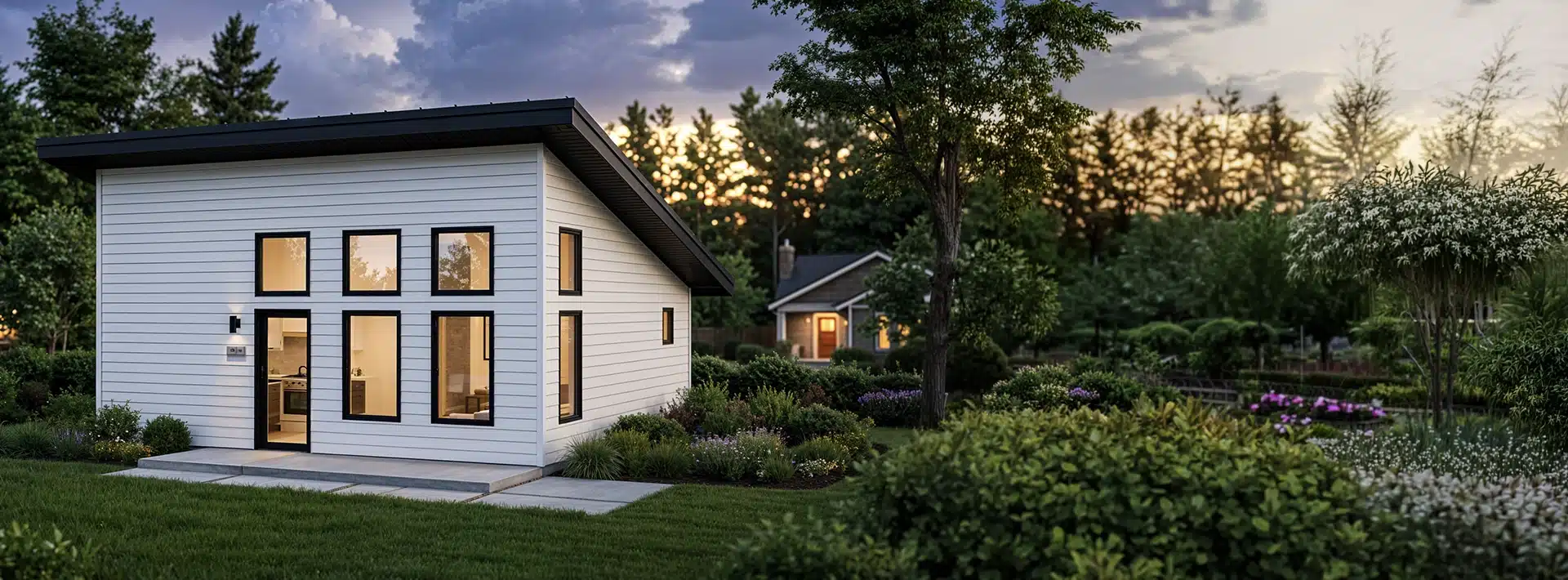 A modern small white house with large windows stands in a lush green garden at sunset. Another house is visible in the background. Warm lights glow inside both houses.
