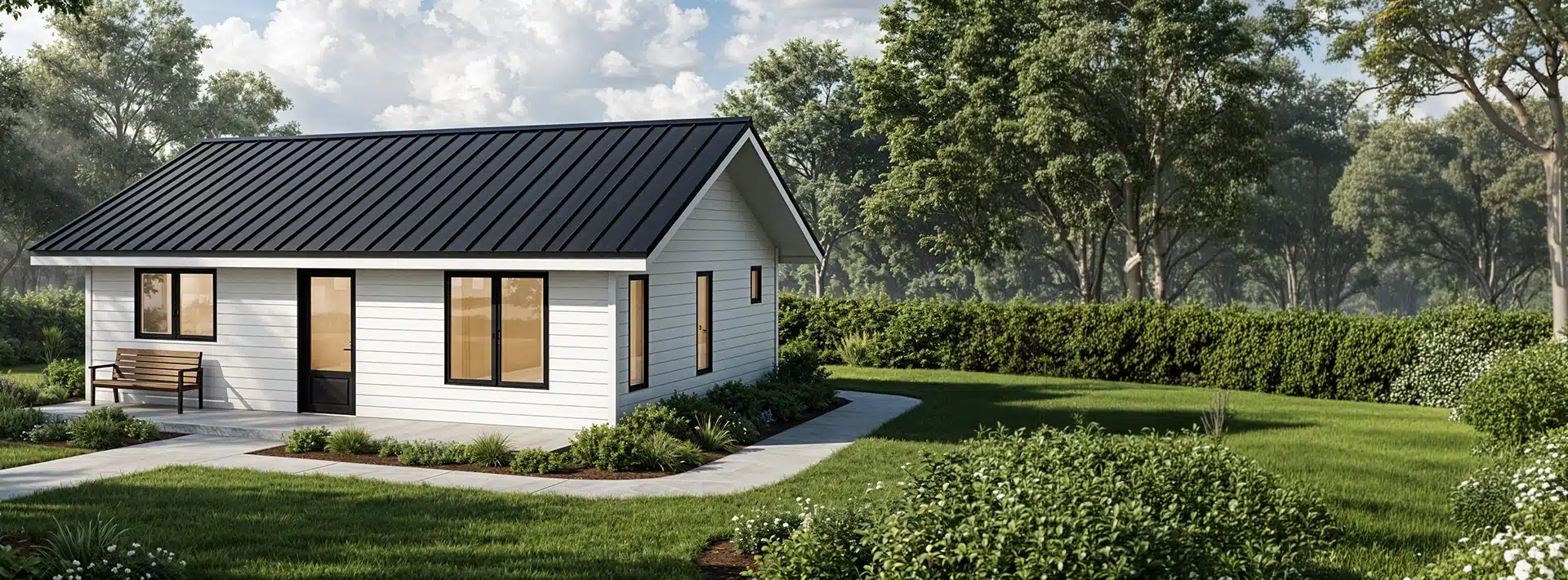 A small white house with a black metal roof sits in a lush yard with trees, bushes, a bench by the entrance, and a path to the door.