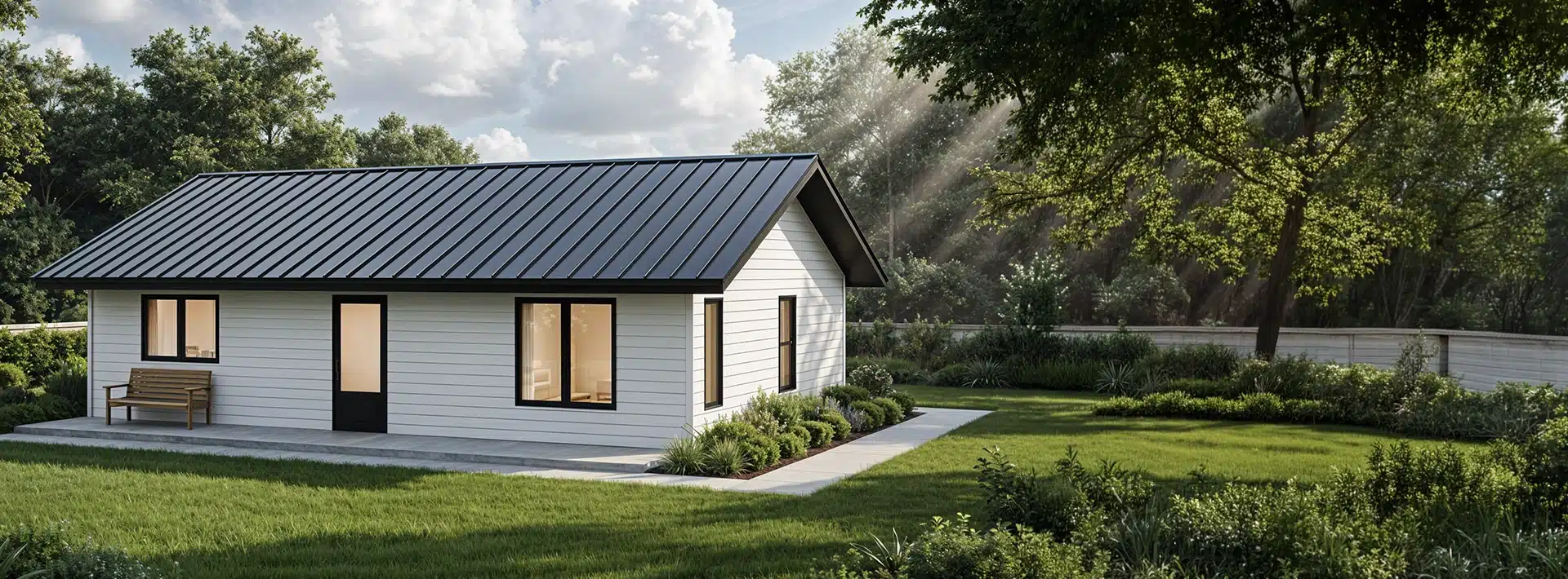 Small modern white house with black roof, large windows, and single door sits in green yard; wooden bench by the entrance.