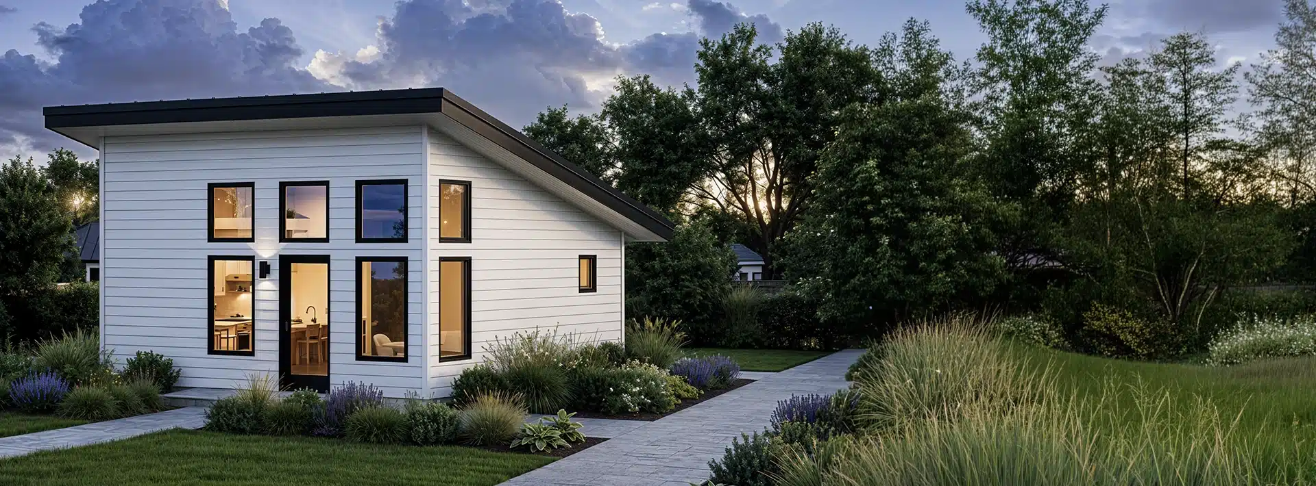 A modern tiny house with white siding and large windows sits among lush greenery, with a stone pathway leading to the entrance at dusk.