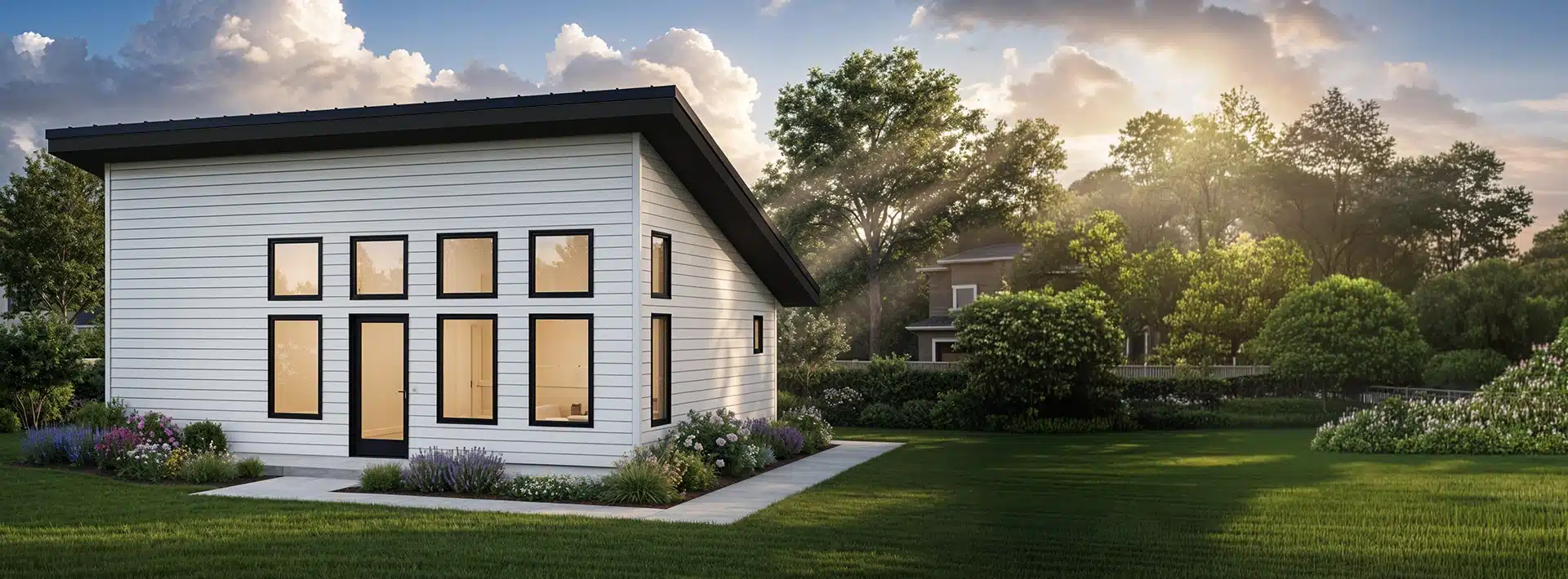 A modern small white house with large windows and a slanted roof stands in a landscaped yard of flowers and trees at sunset.