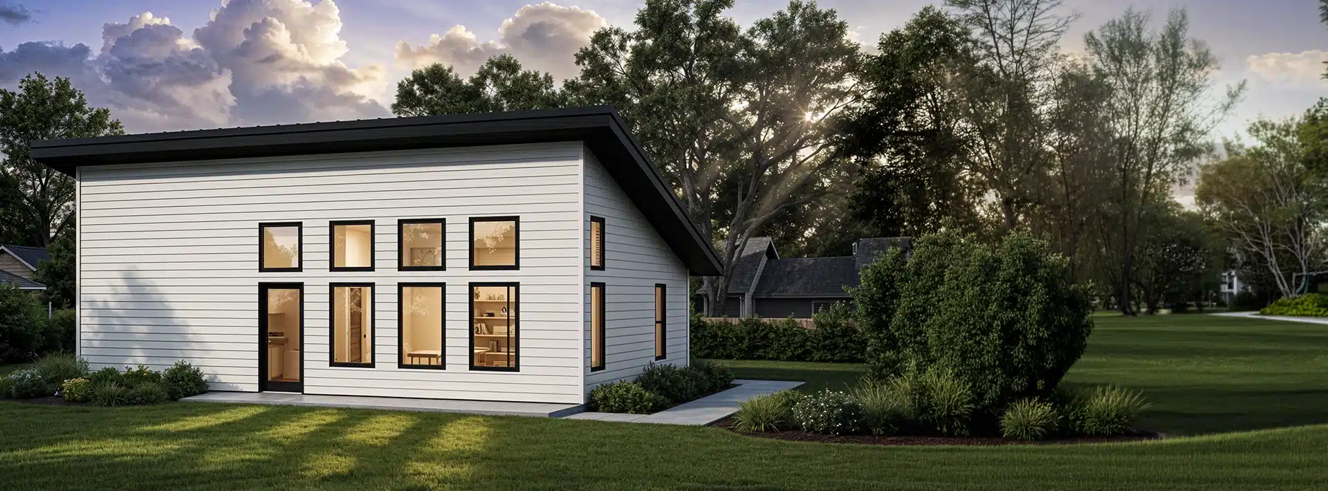 A modern white house with large windows and a sloped roof sits among green grass and trees at sunset, warm light glowing inside.