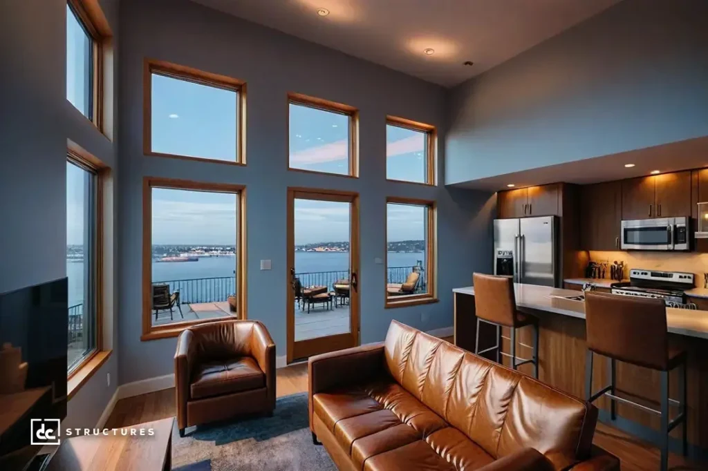 A modern living room with large windows showing a waterfront view, brown leather furniture, open kitchen, and balcony seating.