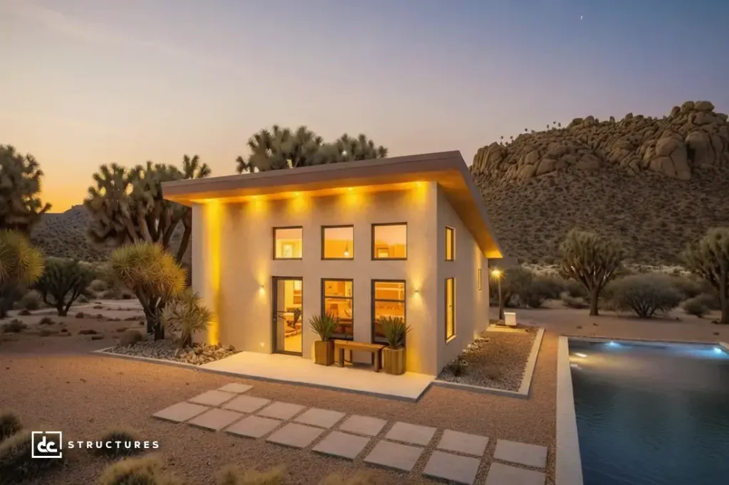 Modern small house with large windows and warm lights in a desert at sunset, pool and seating area in front, rocks and cacti nearby.