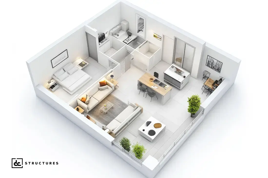 3D floor plan of a one-bedroom apartment with bedroom, bathroom, open living room, kitchen, dining area, workspace, and balcony with plants in modern minimalist style.