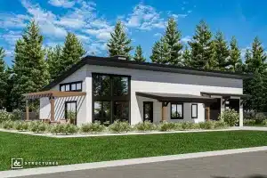 Modern single-story house with large windows, sloped roof, and covered patio, surrounded by grass, shrubs, and tall pine trees.