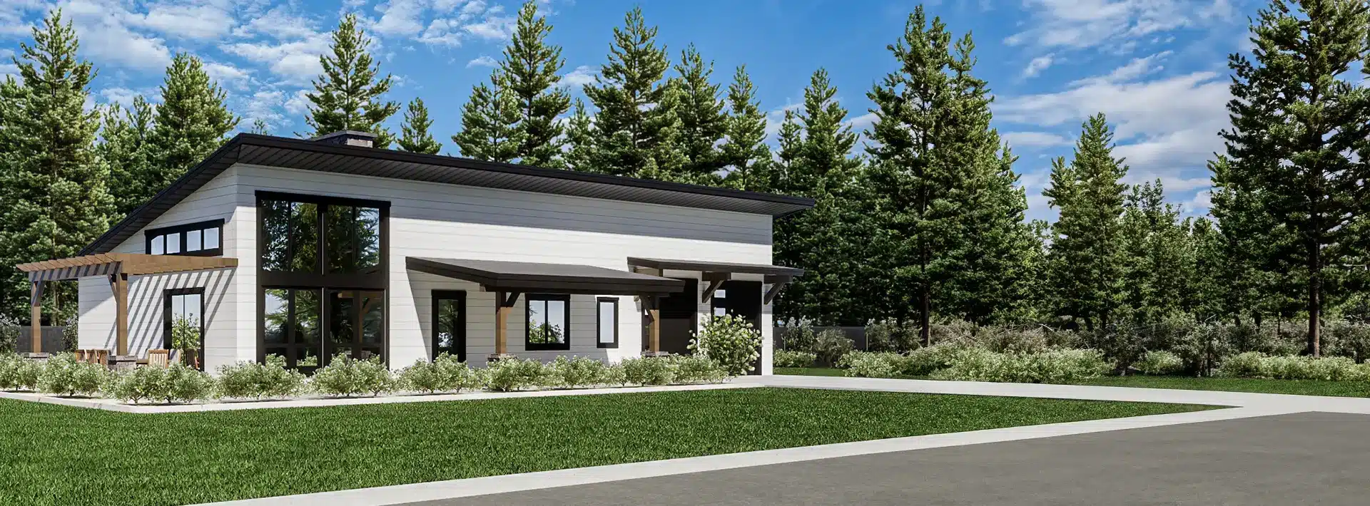 Modern single-story house with large windows, white and dark trim exterior, green lawn, trees, blue sky with clouds, concrete driveway.