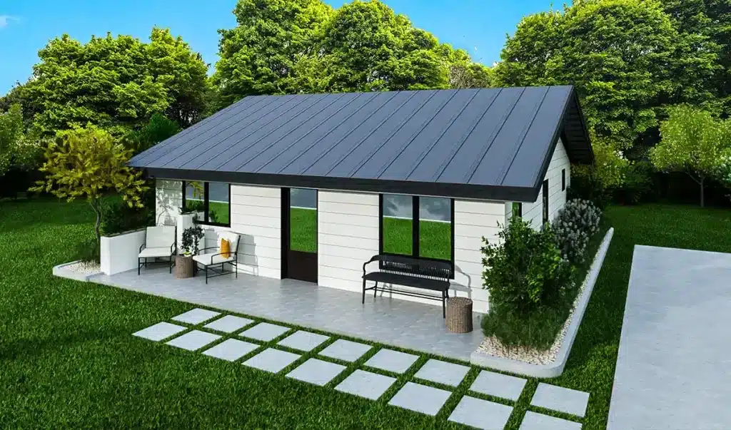 Modern single-story house with metal roof, white siding, and large windows. Patio has outdoor seating, green grass, trees, walkway.