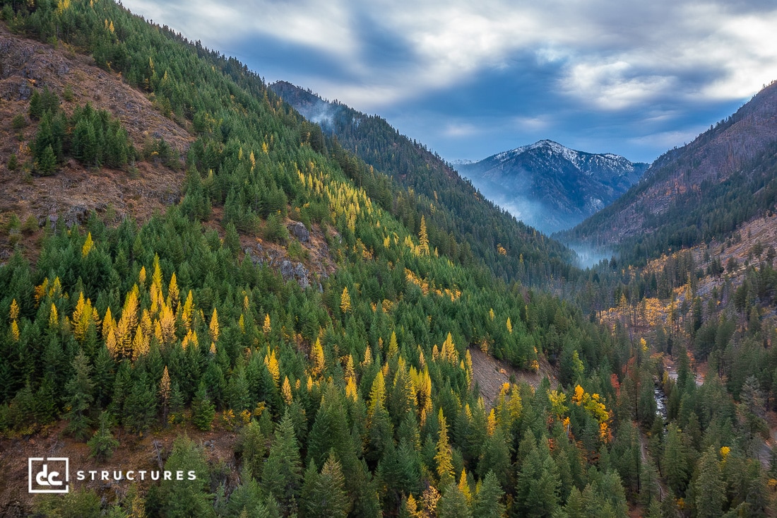 A lush, green mountain valley dotted with yellow autumn trees stretches toward distant snow-capped peaks under a cloudy sky. Mist lingers between the hills.
