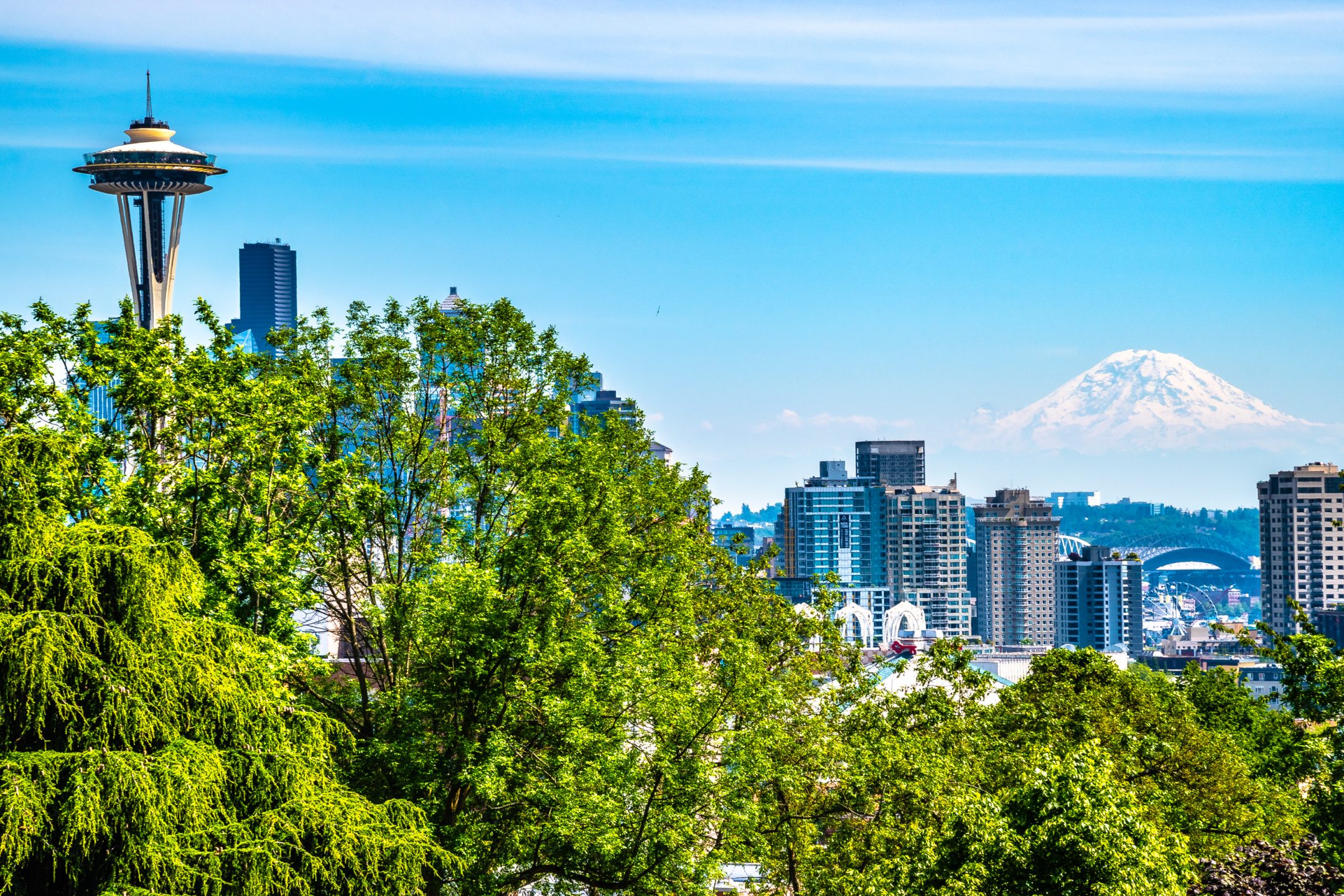 http://Seattle%20skyline%20with%20the%20Space%20Needle,%20tall%20buildings,%20and%20Mount%20Rainier%20in%20the%20background%20above%20green%20trees%20under%20a%20bright%20blue%20sky.